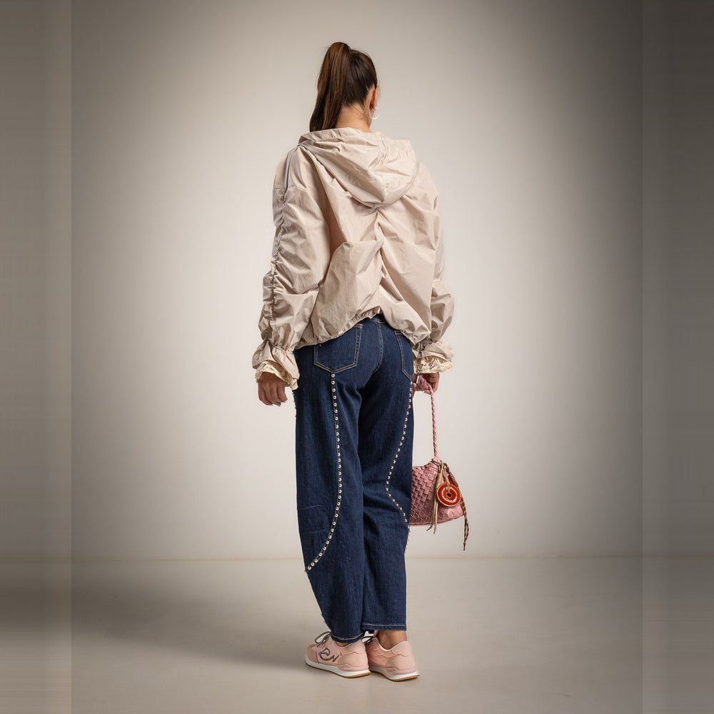 Desert Sand lightweight hooded jacket with lace detail and ruffled cuffs - back view