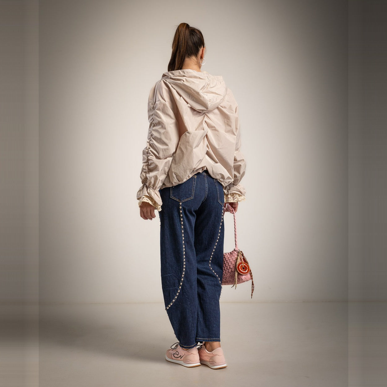 Desert Sand lightweight hooded jacket with lace detail and ruffled cuffs - back view