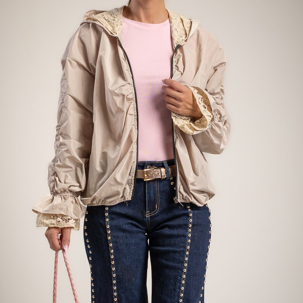 Desert Sand lightweight hooded jacket with lace detail and ruffled cuffs - front view