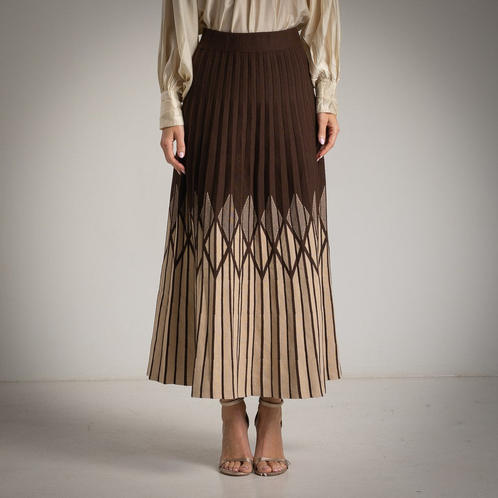 Chocolate pleated knit midi skirt – front view