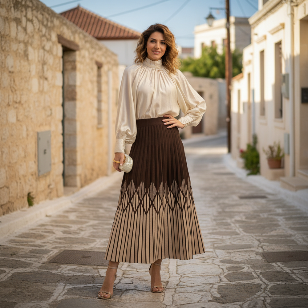 Chocolate knit midi skirt styled for everyday wear with a beige blouse and a clutch
