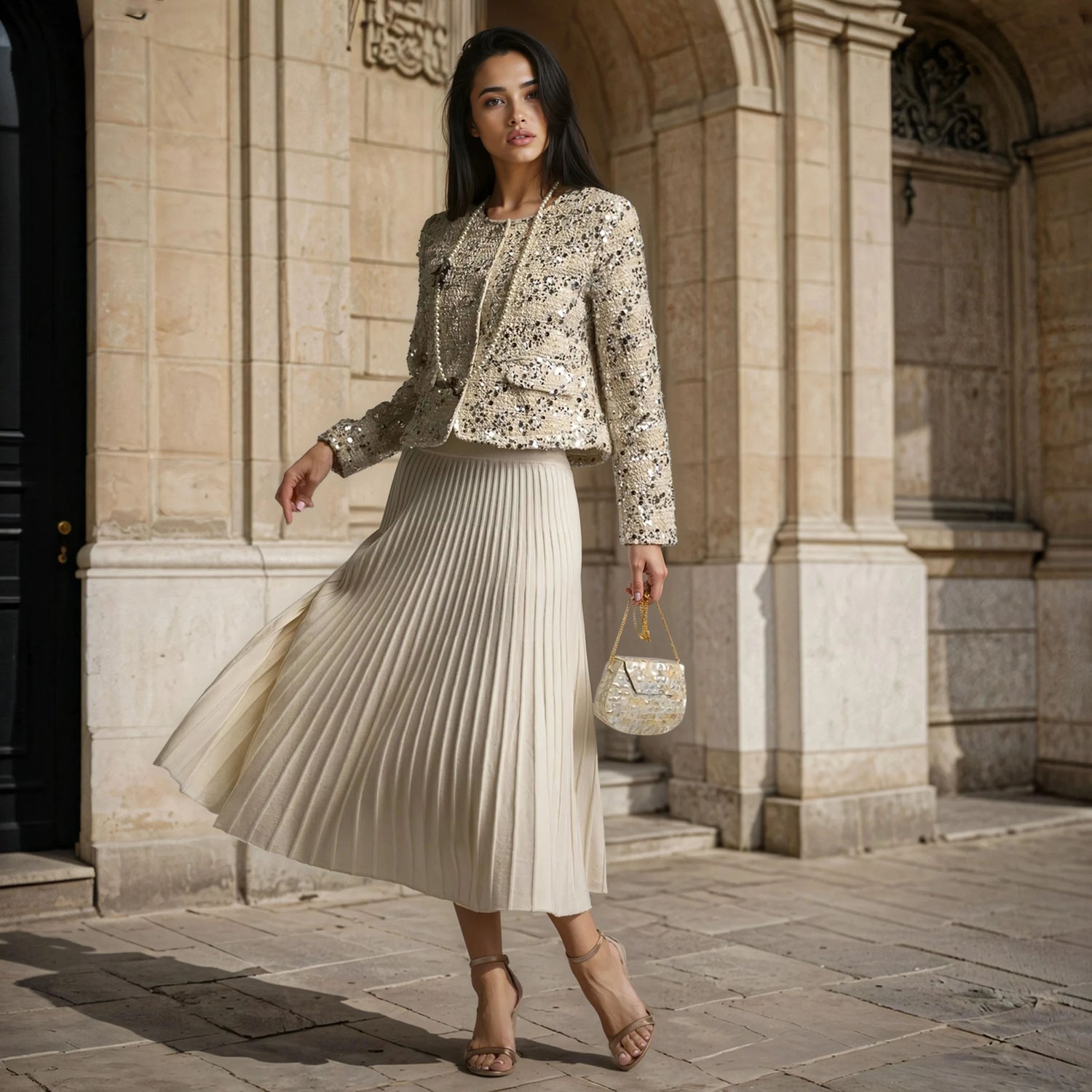 Pleated knit midi skirt styled with sequin jacket – outdoor full look