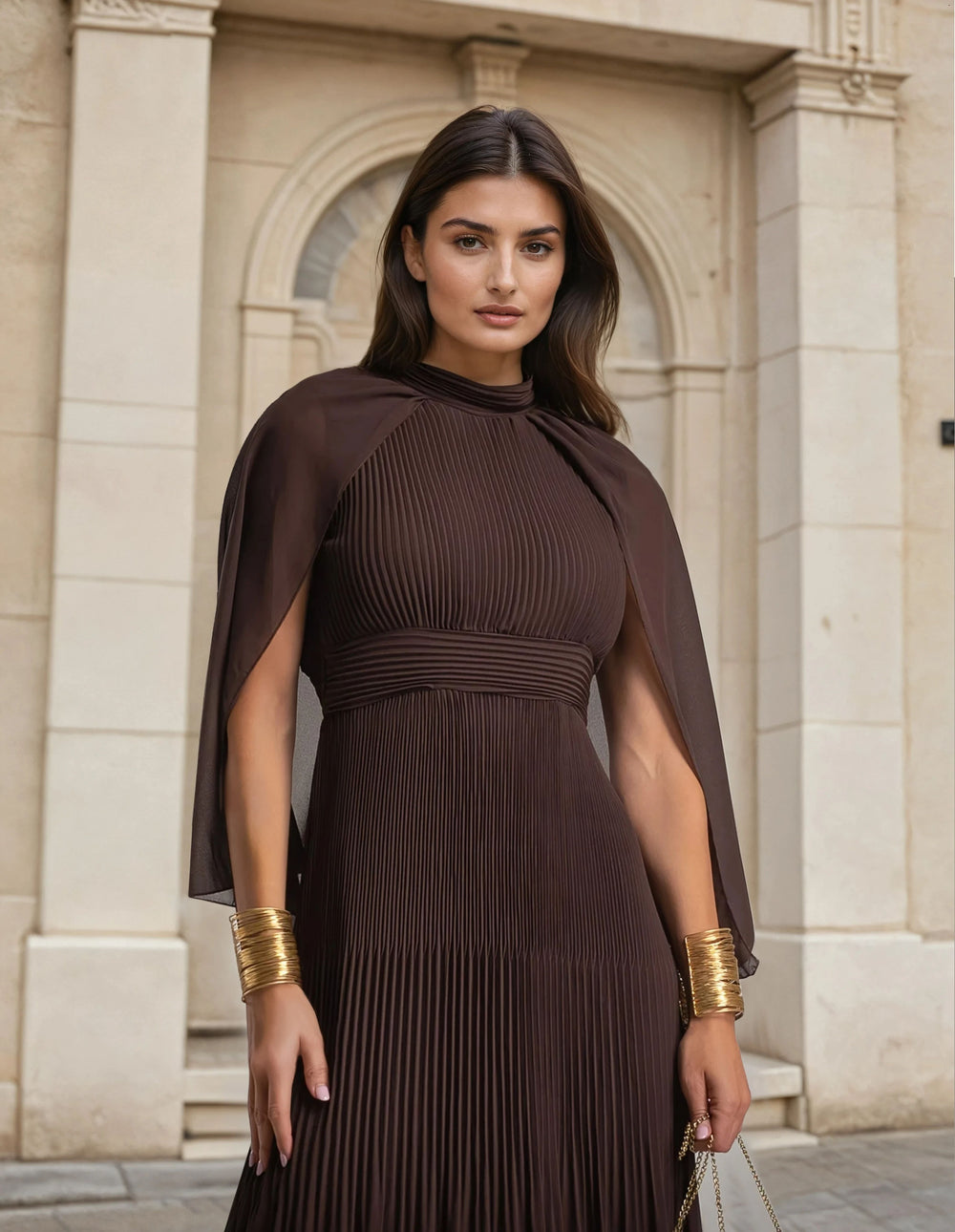 MARIΓIOÚ elegant pleated midi dress with chiffon cape in Chocolate Brown – front view