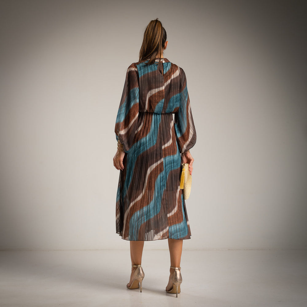 Back view of pleated abstract wave midi dress in teal and brown by MARIΓIOÚ