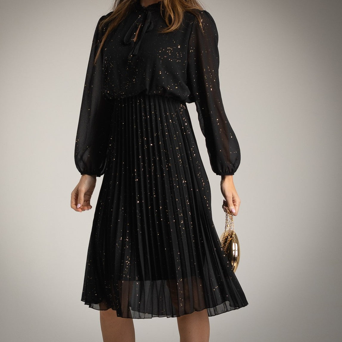 Black pleated midi dress with subtle glitter detail