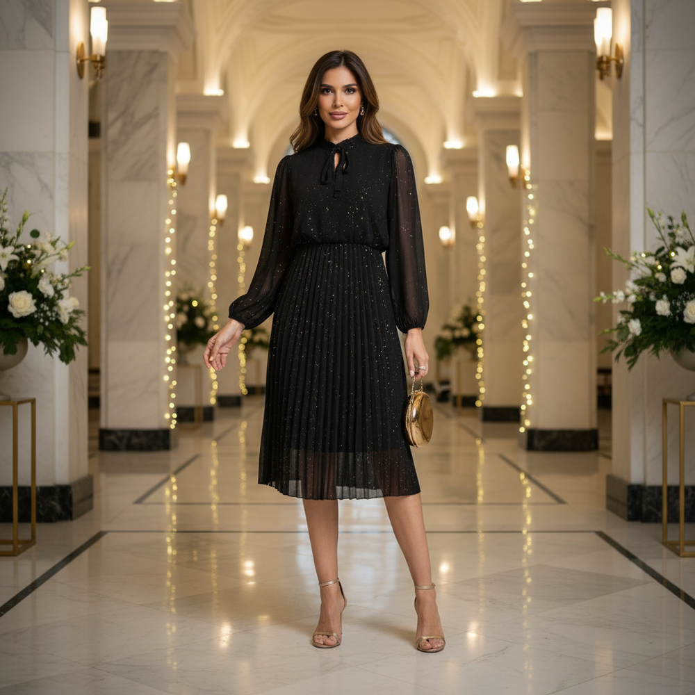 Black pleated midi dress with glitter by MARIΓIOÚ, front view