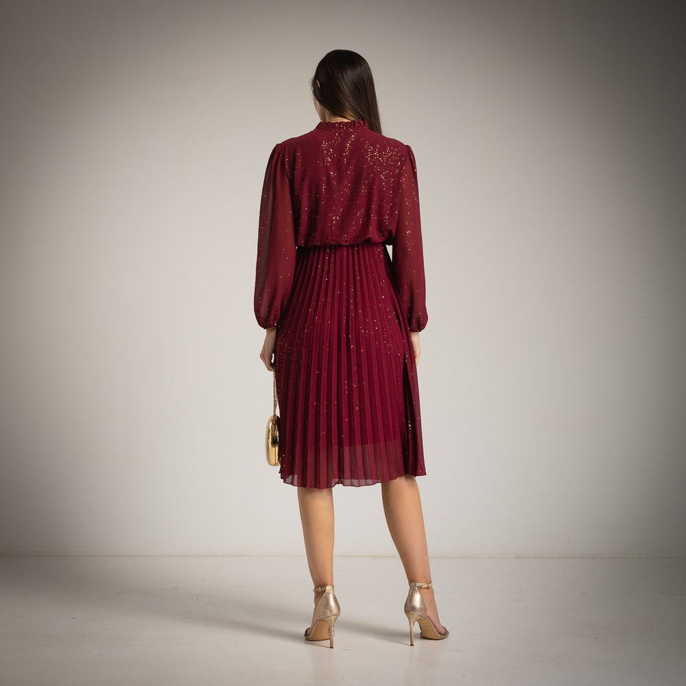 Burgundy glitter pleated midi dress by MARIΓIOÚ, back view