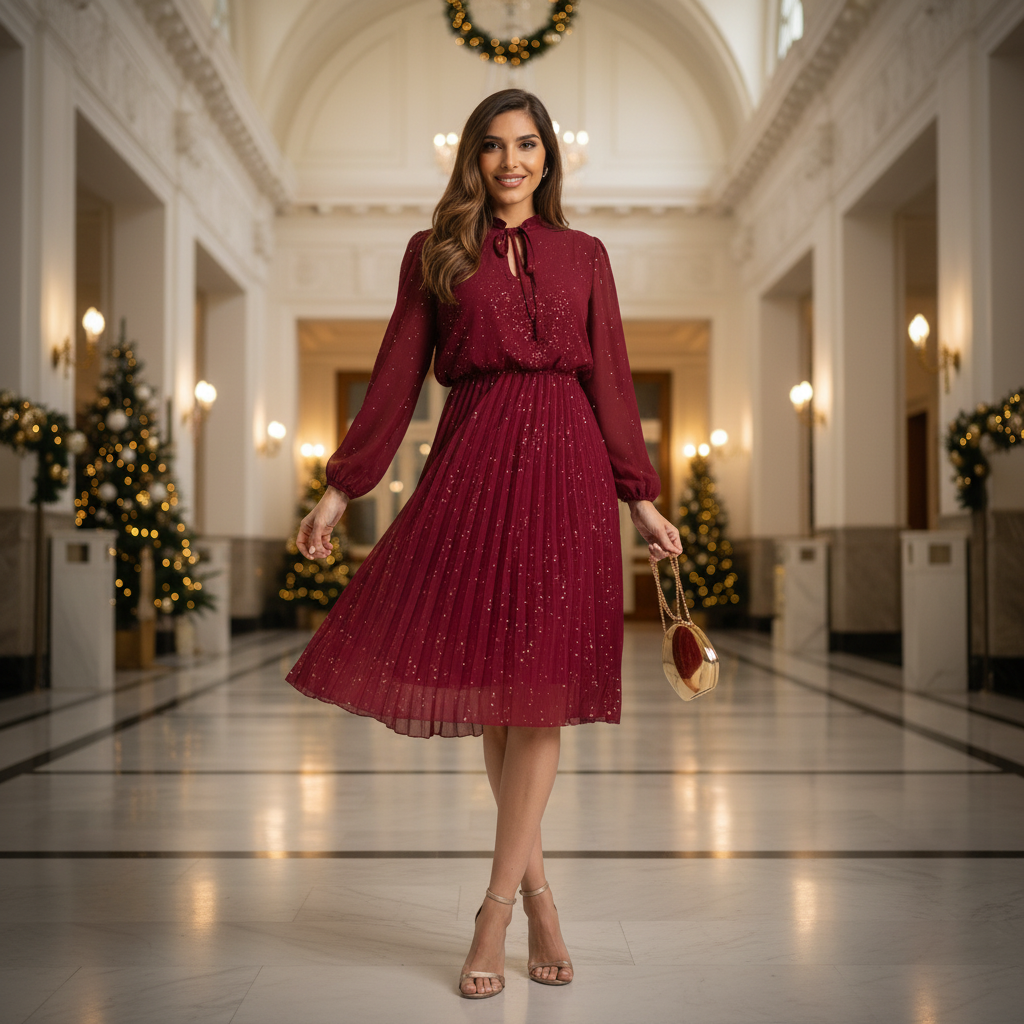 Burgundy pleated glitter midi dress styled in a luxurious hotel lobby