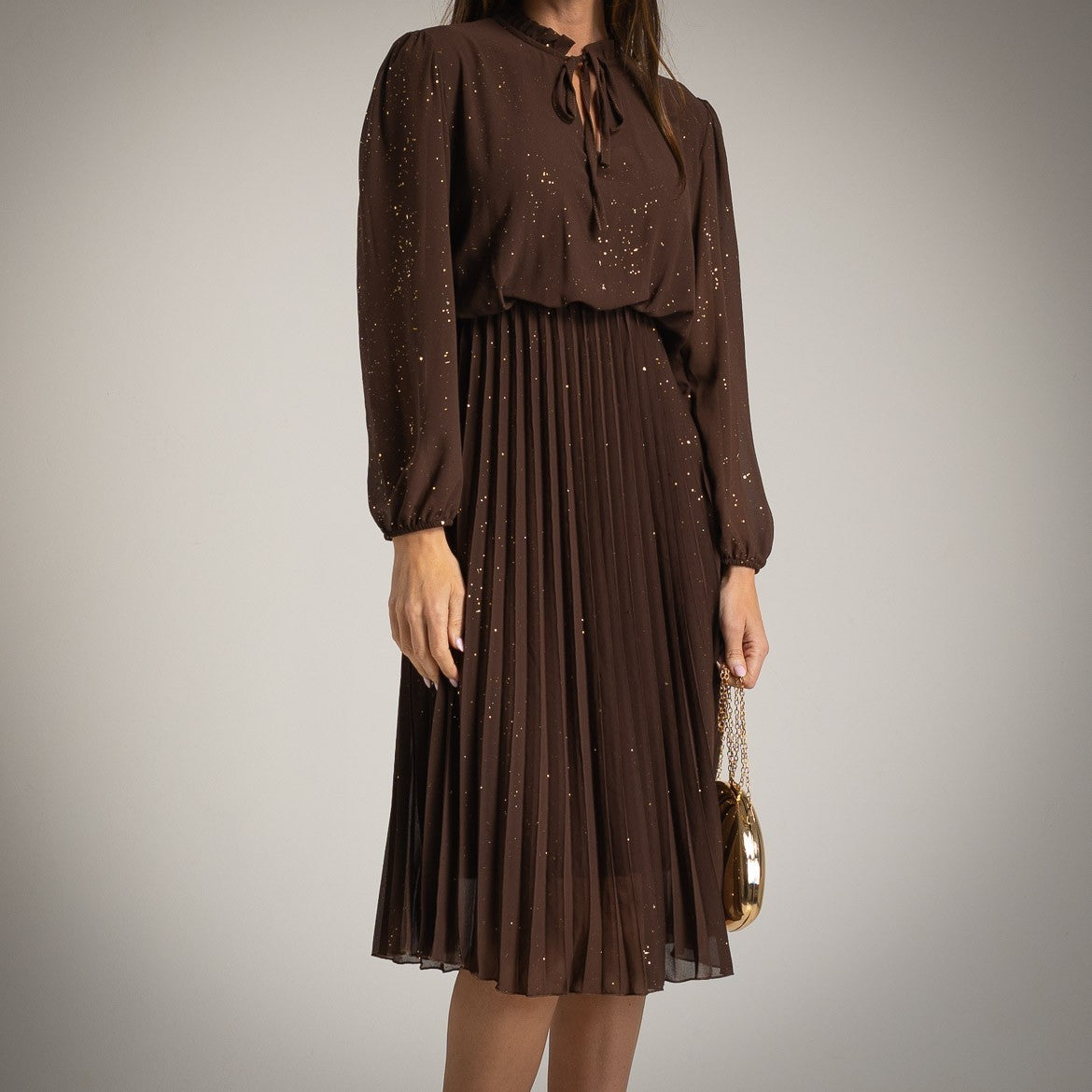 Chocolate pleated midi dress with subtle glitter finish