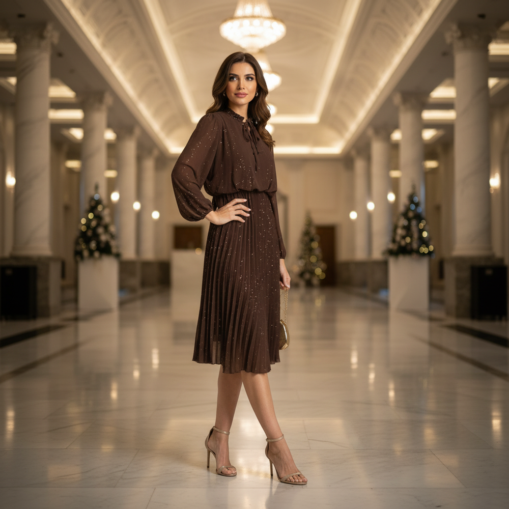 Chocolate pleated midi dress with glitter by MARIΓIOÚ, front view