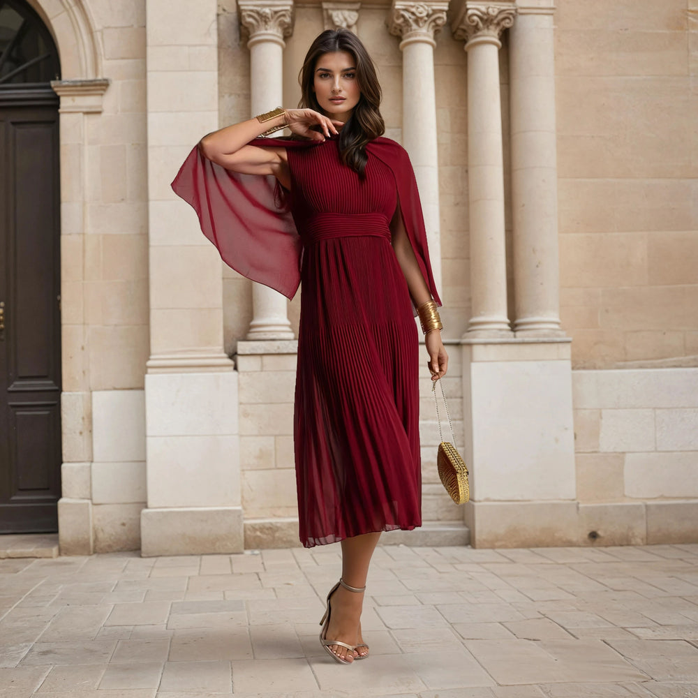 MARIΓIOÚ pleated midi dress with cape in Granate Bordeaux – front full view