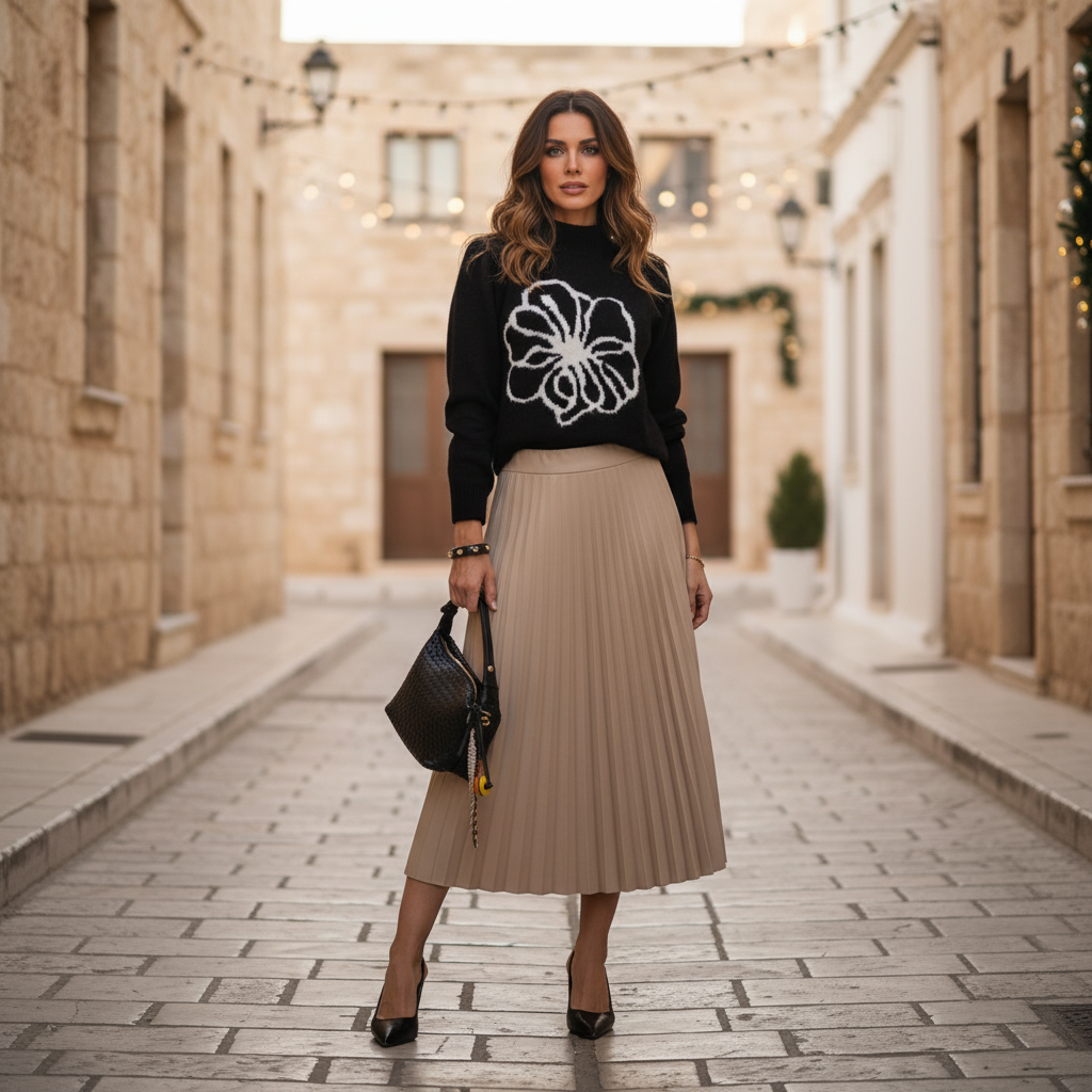 Beige pleated midi skirt with black flower sweater in a festive Mediterranean street scene.