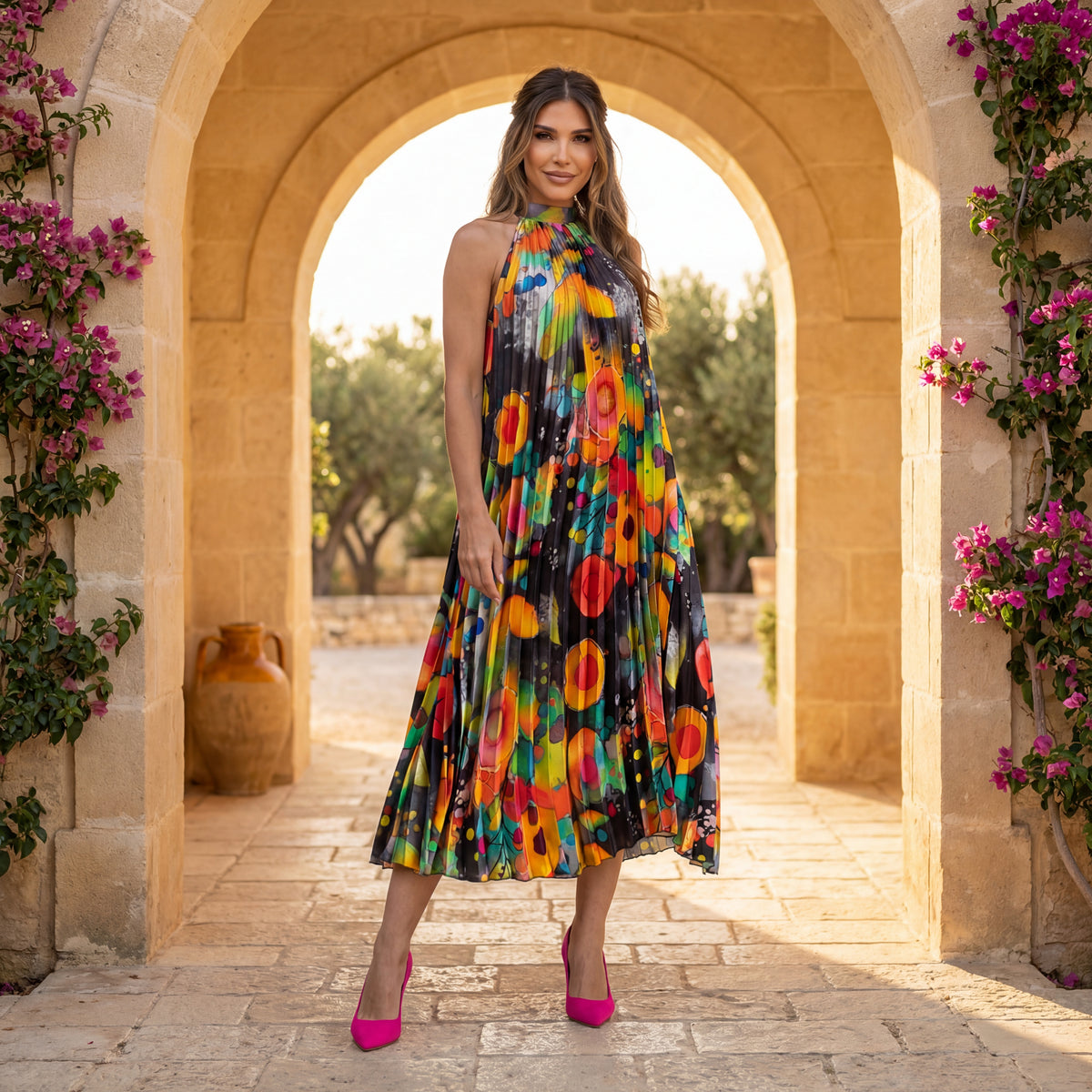 MARIΓIOÚ pleated satin halter midi dress in black with colorful abstract print, styled in a Mediterranean archway with pink heels