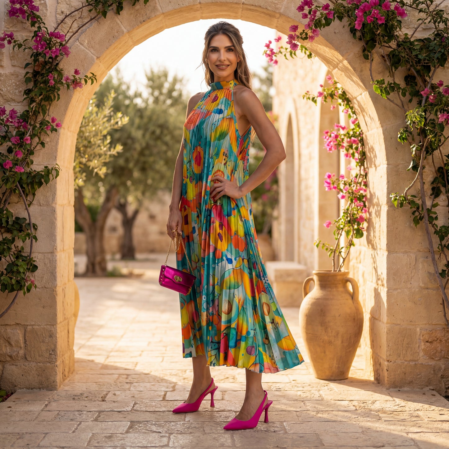 MARIΓIOÚ pleated satin halter midi dress in turquoise with vibrant abstract print, styled in a Mediterranean courtyard with pink heels