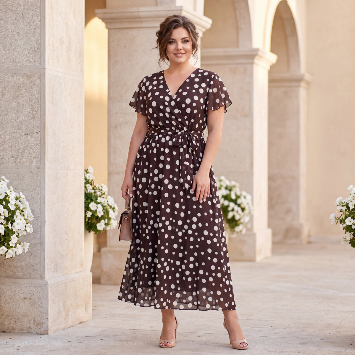 Plus size chocolate brown polka dot midi dress with wrap neckline and waist tie