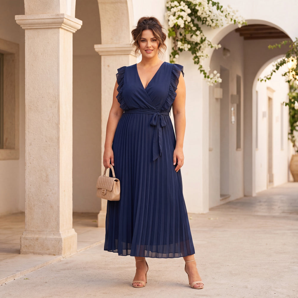 Elegant deep ocean blue plus size pleated midi dress for wedding guests and special occasions