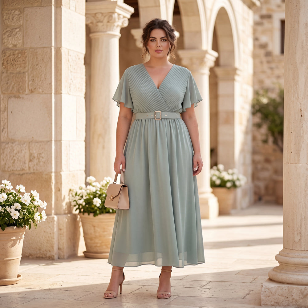 Elegant dusty mint plus size midi dress with wrap neckline and flowing skirt