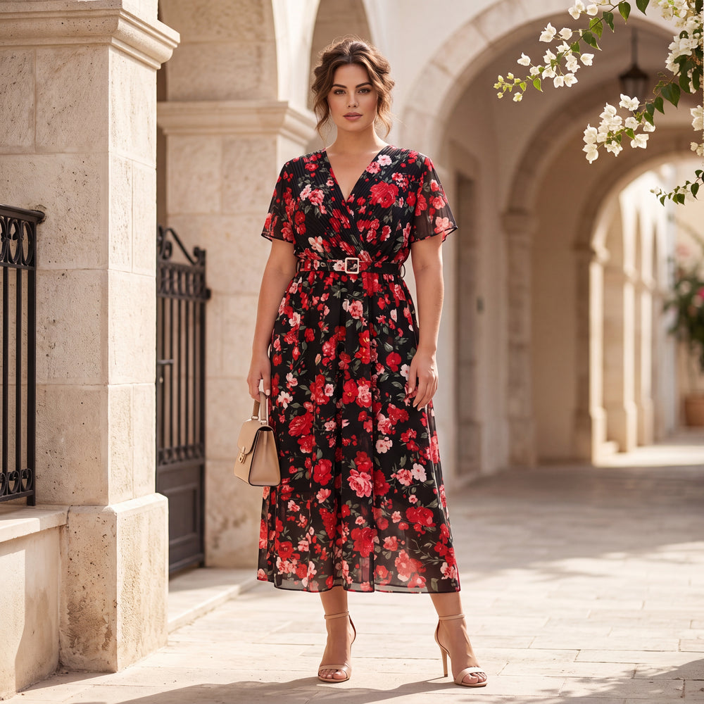Plus size midnight bloom floral midi dress with wrap neckline flutter sleeves and belt