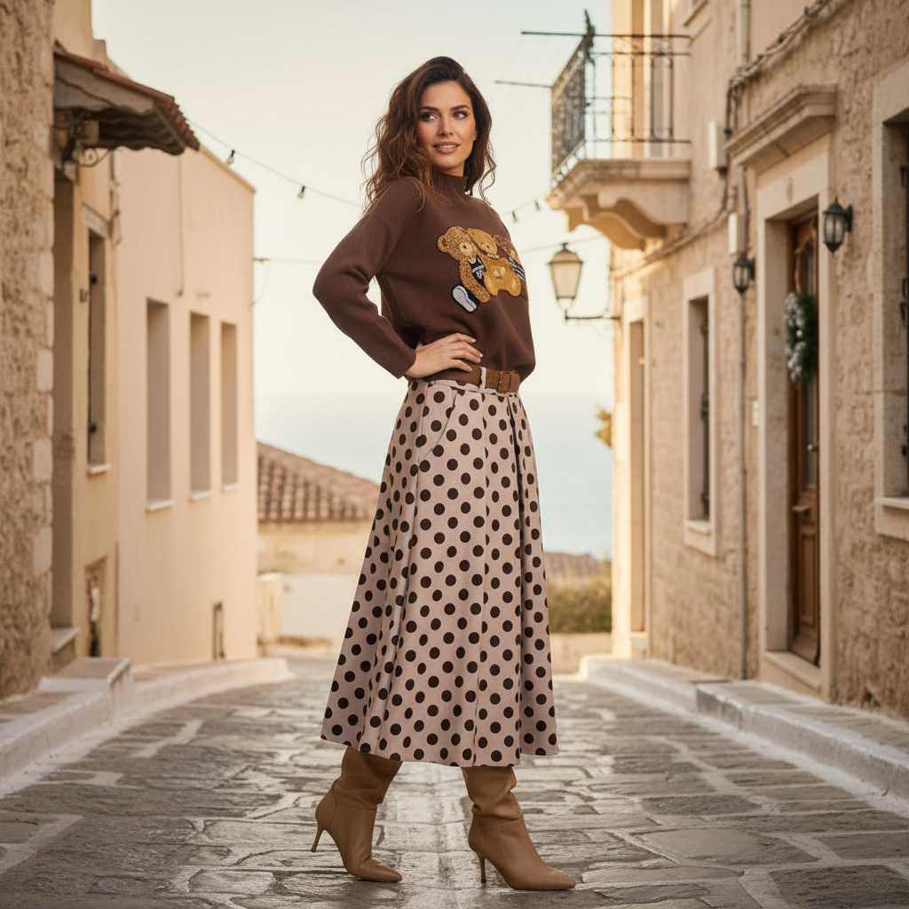 Polka dot midi skirt styled for everyday wear – street look