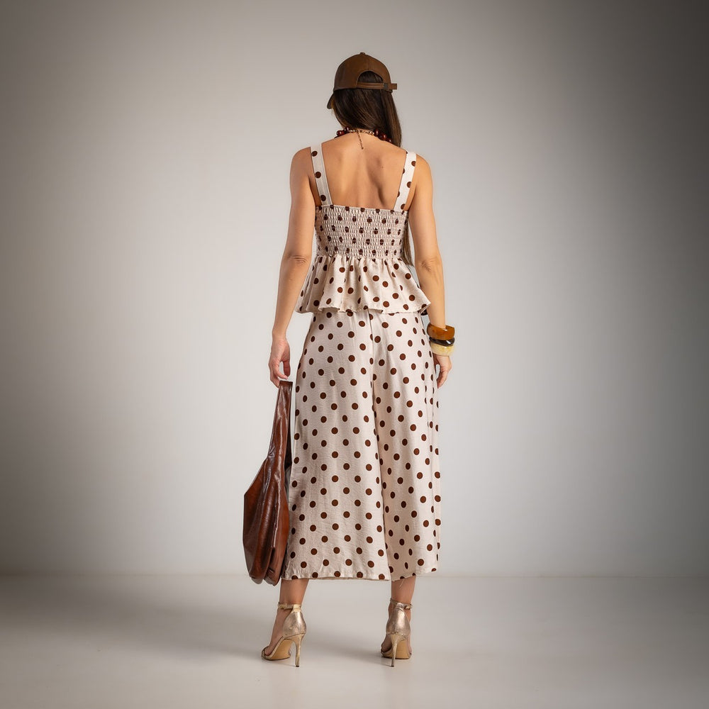 Back view of soft sand polka dot two piece set with wide leg pants