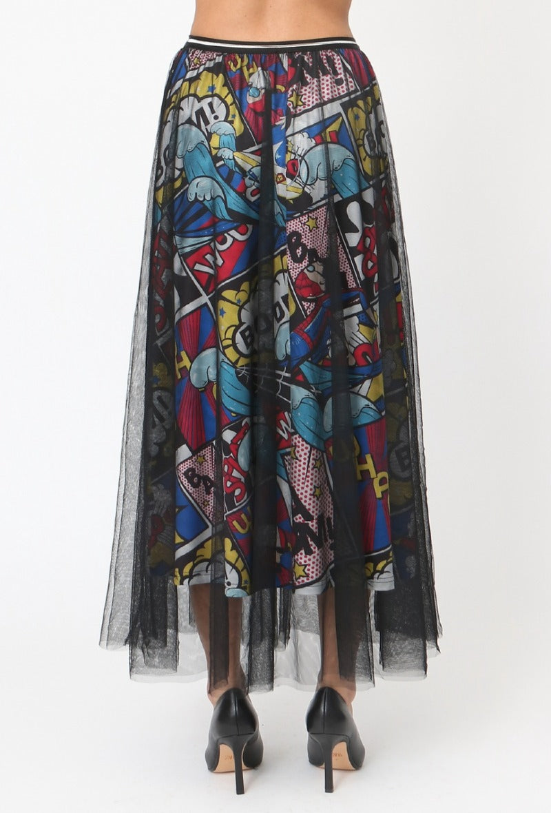 Back view of a pop art statement midi skirt with layered black tulle overlay
