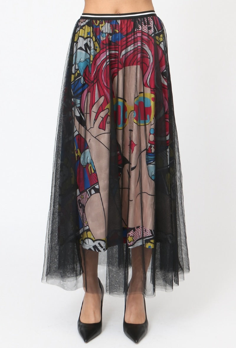 Front view of a pop art print midi skirt with black tulle overlay and elastic waistband.