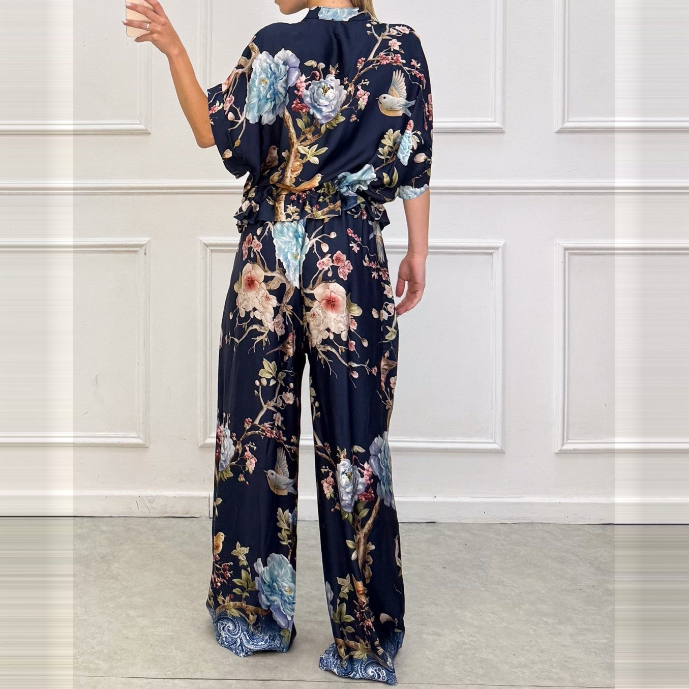 Deep Ocean Blue bird and blossom print two-piece set - back view