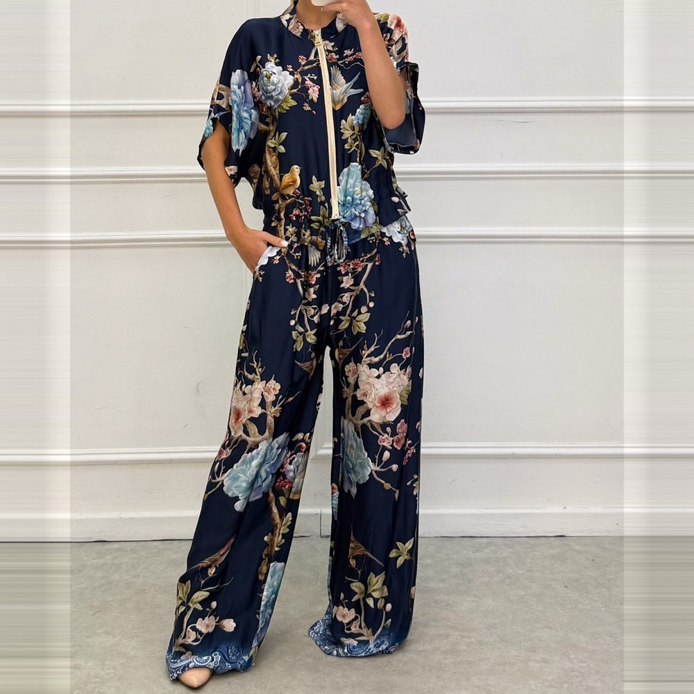 Deep Ocean Blue bird and blossom print two-piece set with zip-front kimono top and wide-leg pants - front view