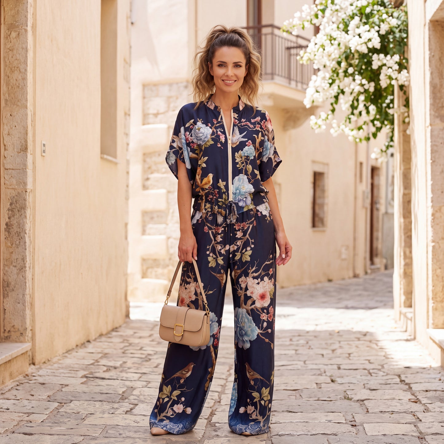 Deep Ocean Blue bird and blossom print two-piece set with zip-front kimono top and wide-leg pants by MARIΓIOÚ