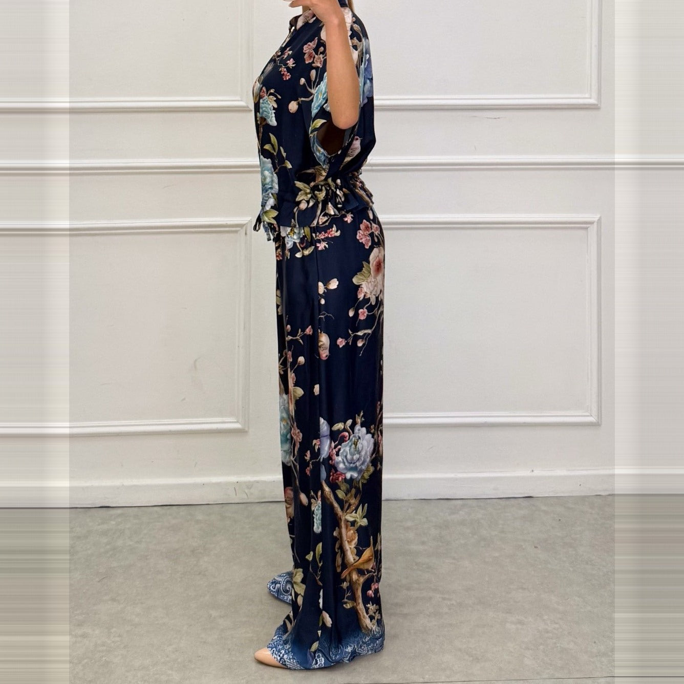 Deep Ocean Blue bird and blossom print two-piece set with flowing wide-leg pants - side view