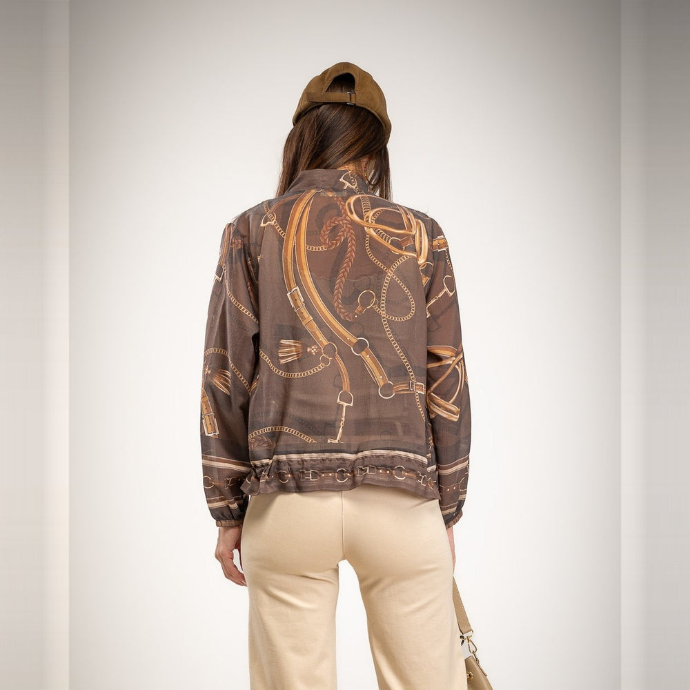 Cocoa Brown lightweight bomber jacket with equestrian chain print and zip front - back view