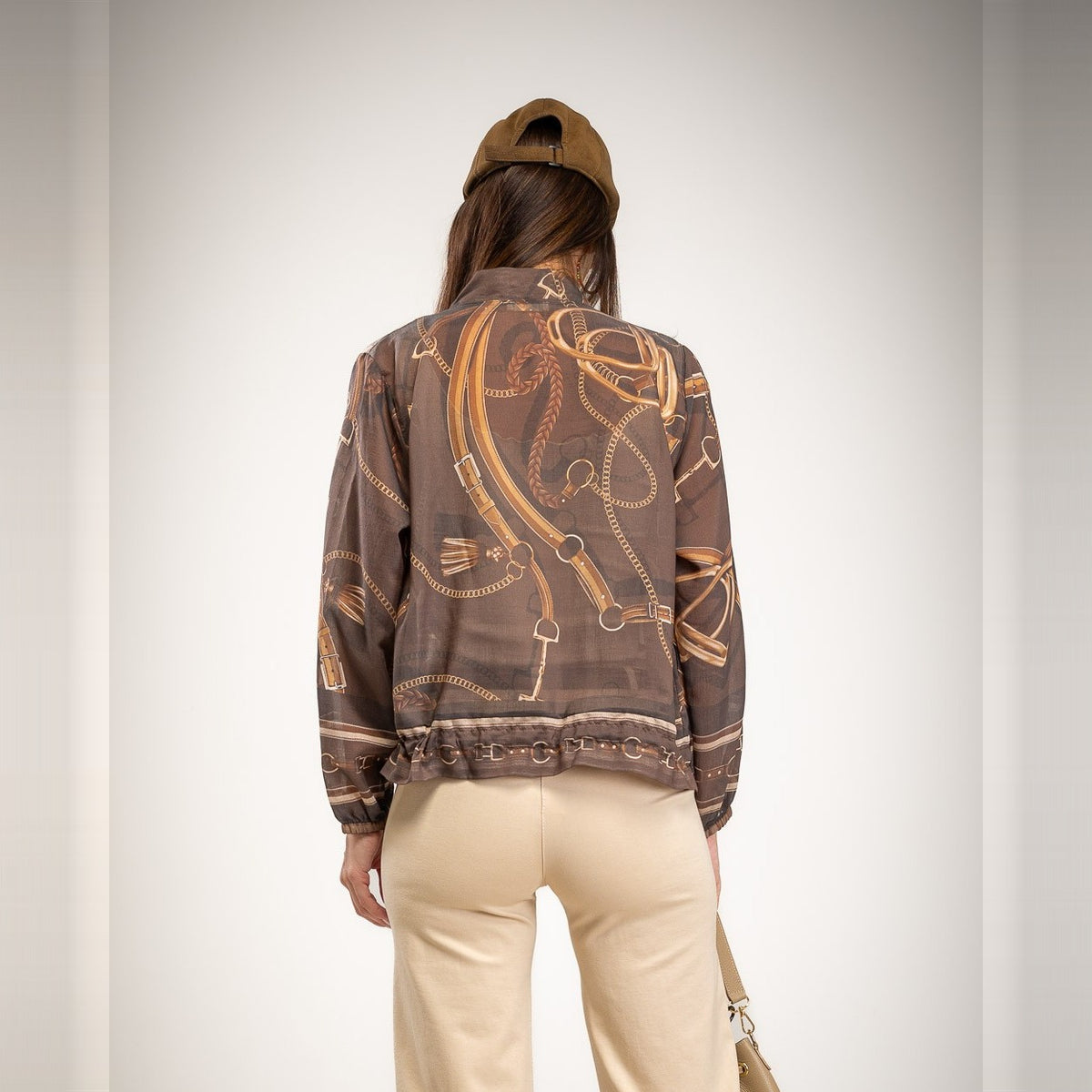 Cocoa Brown lightweight bomber jacket with equestrian chain print and zip front - back view