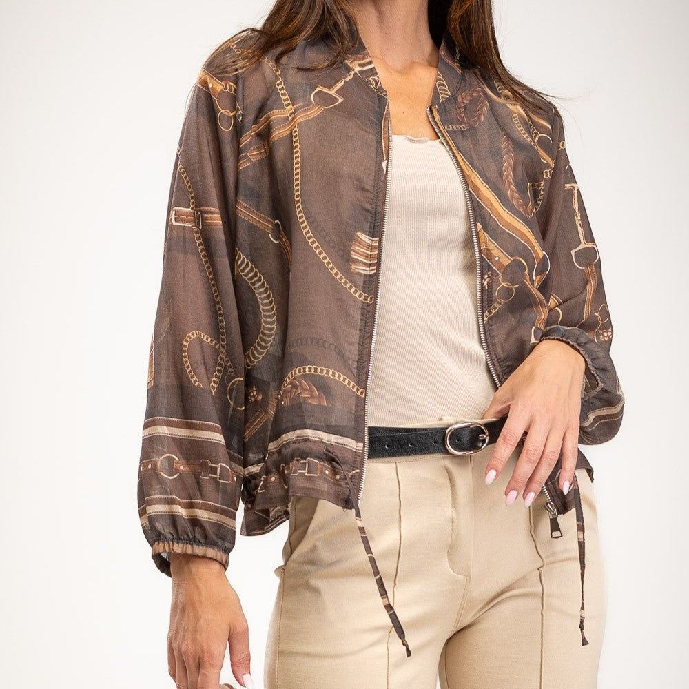 Cocoa Brown lightweight bomber jacket with equestrian chain print and zip front - front view