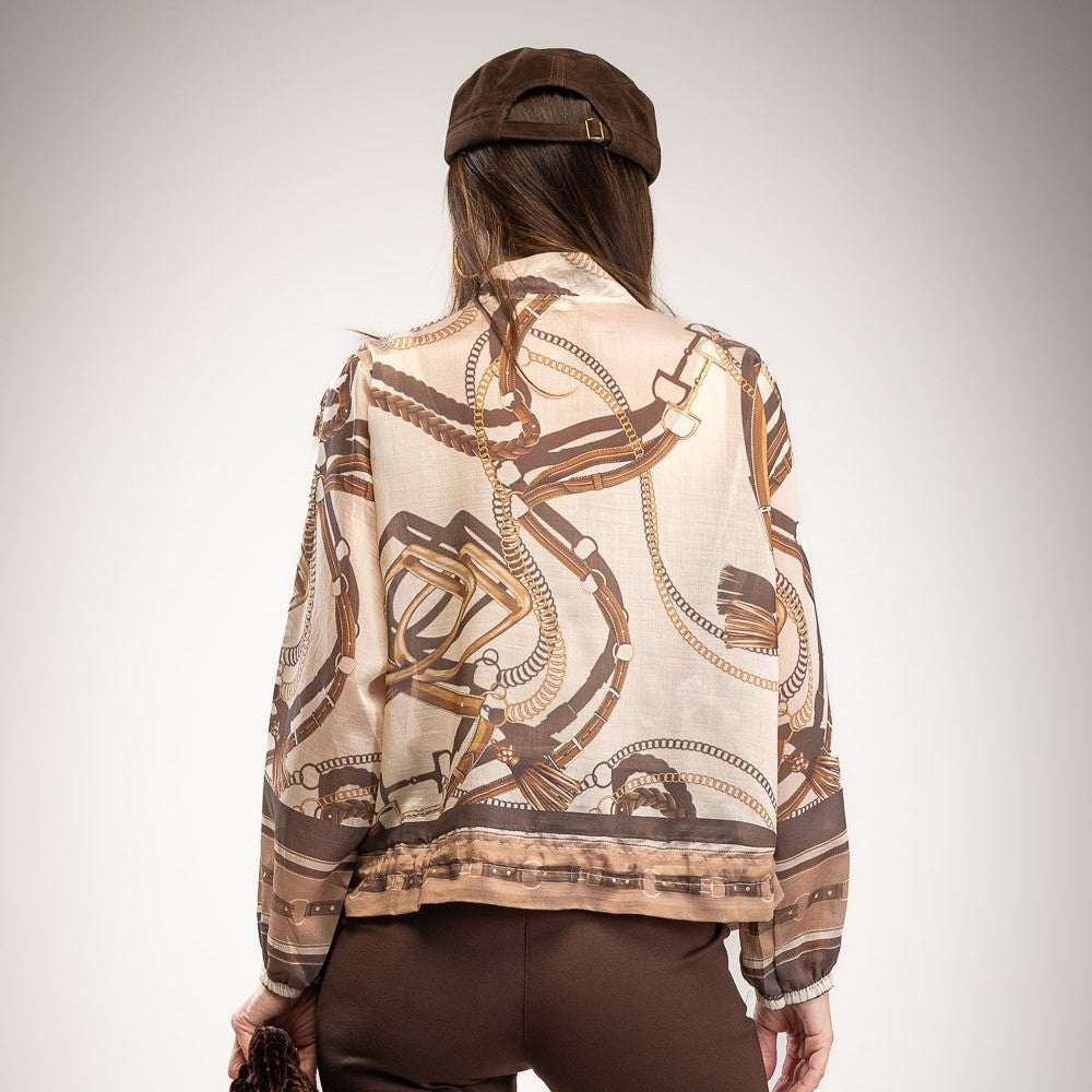 Latte Beige lightweight bomber jacket with equestrian chain print and zip front - back view