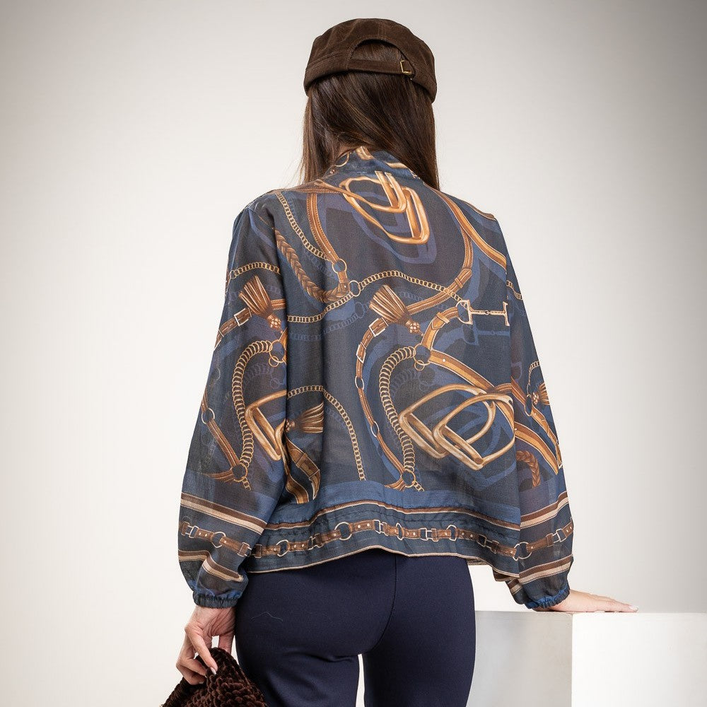 Midnight Blue lightweight bomber jacket with equestrian chain print and zip front - back view