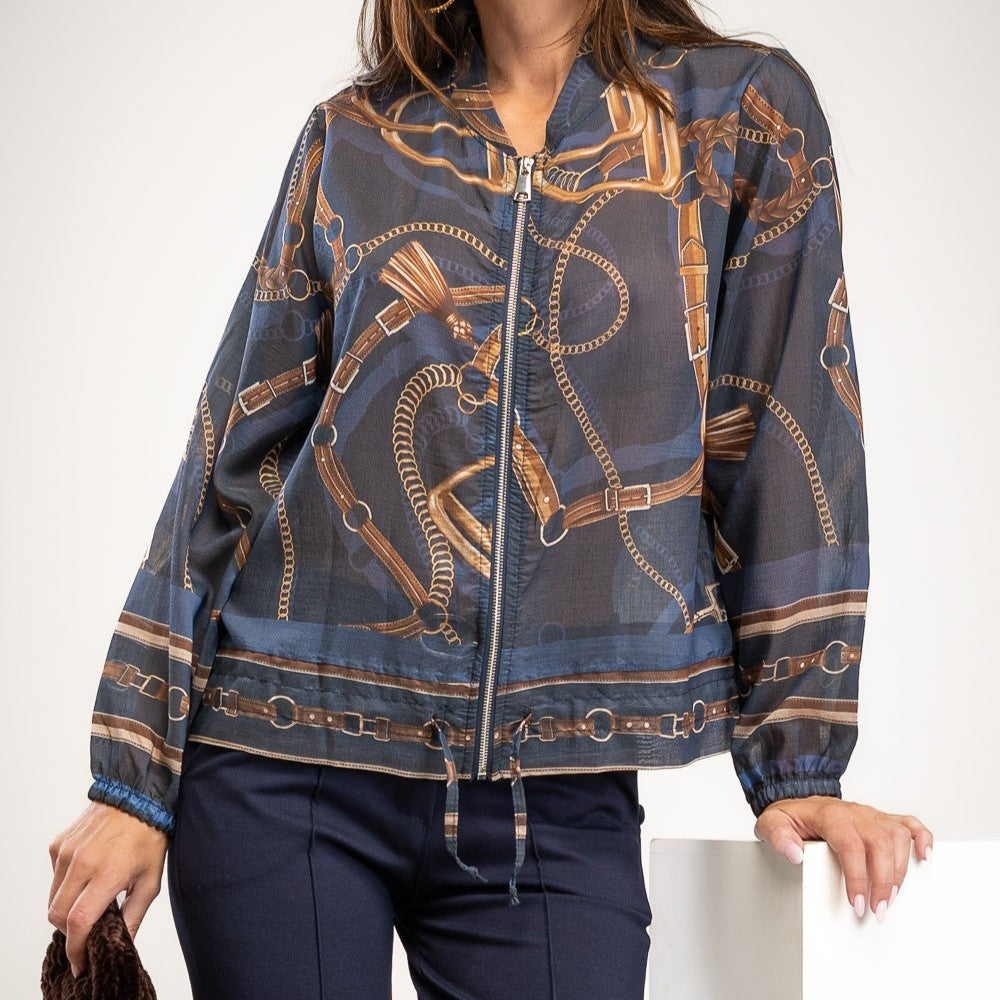 Midnight Blue lightweight bomber jacket with equestrian chain print and zip front - front view