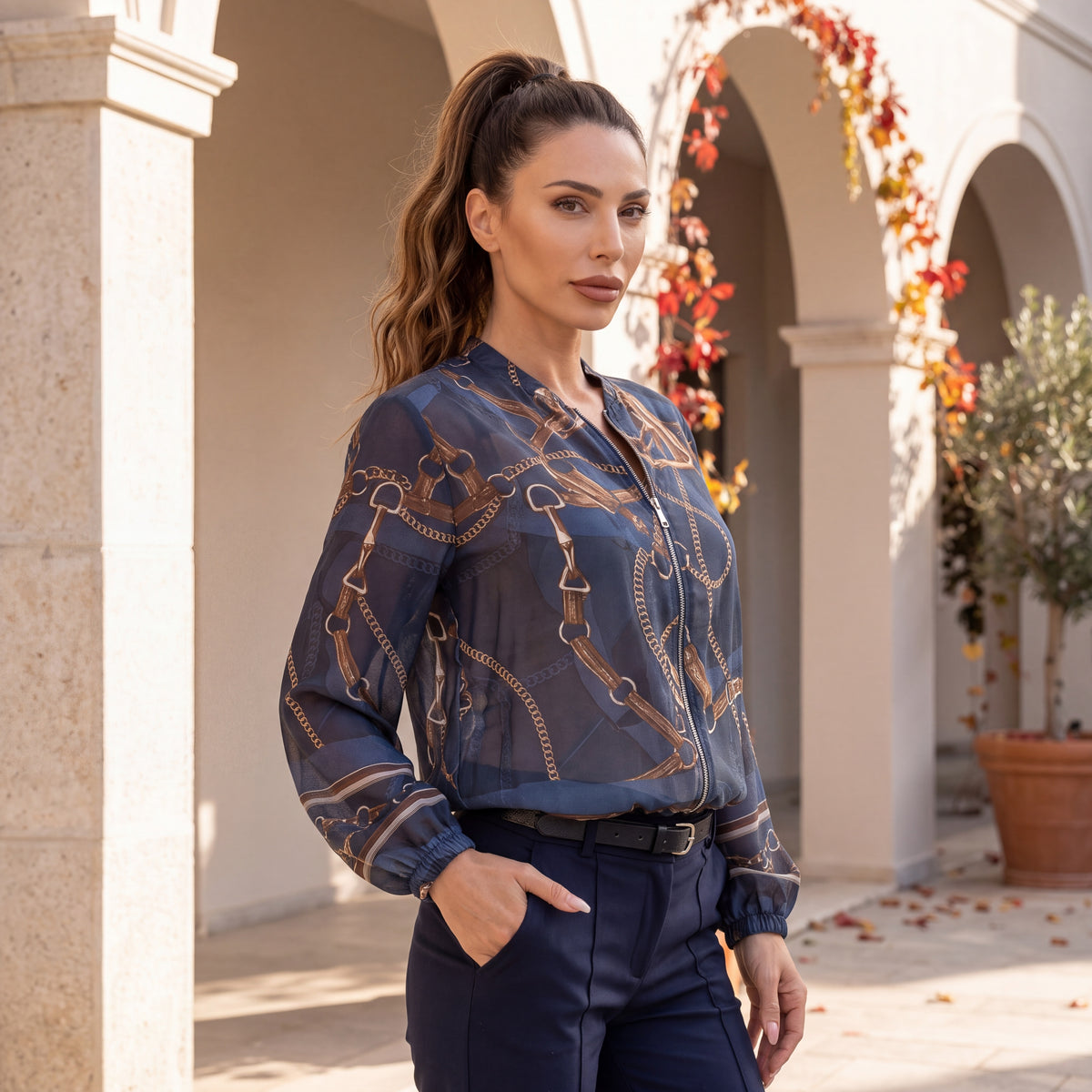Midnight Blue lightweight bomber jacket with equestrian chain print and zip front by MARIΓIOU - detail view
