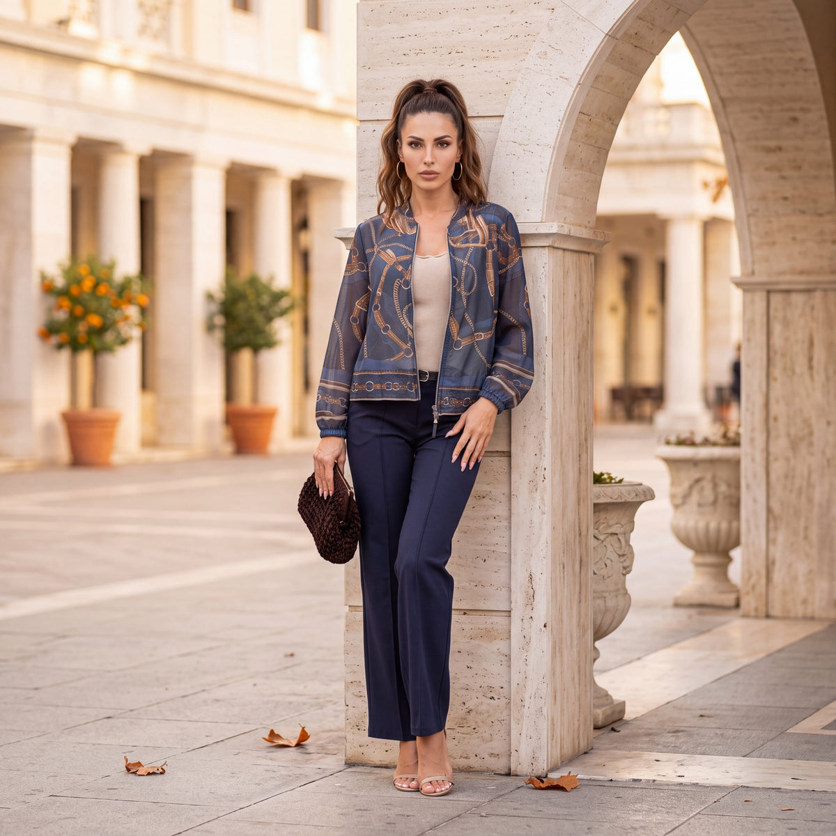 Midnight Blue lightweight bomber jacket with equestrian chain print and zip front by MARIΓIOU