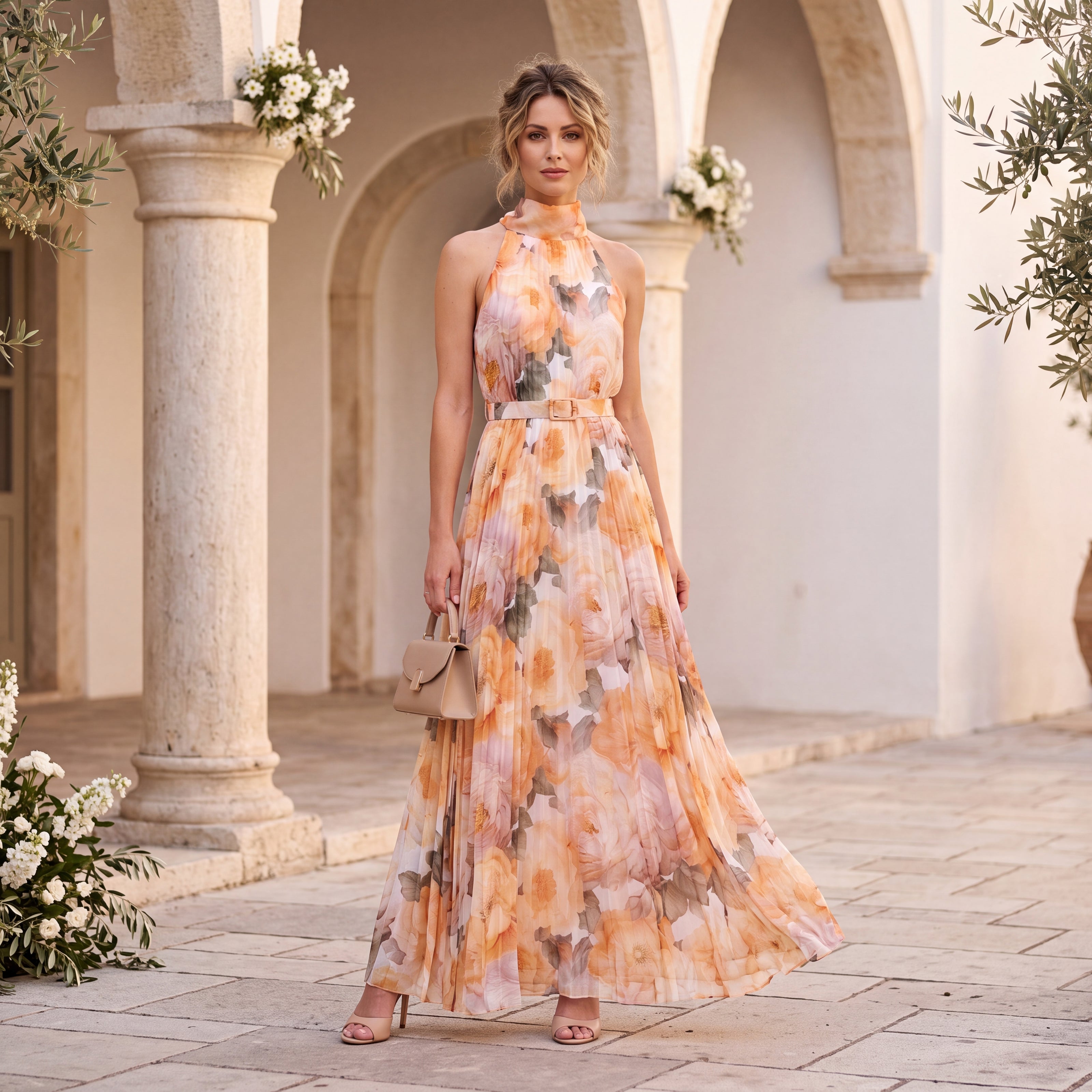 Woman wearing the Positano Pleated Maxi Dress in Golden Amber with floral print and matching belt.