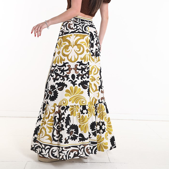 Printed maxi skirt with elasticated waist and ruffle hem back view