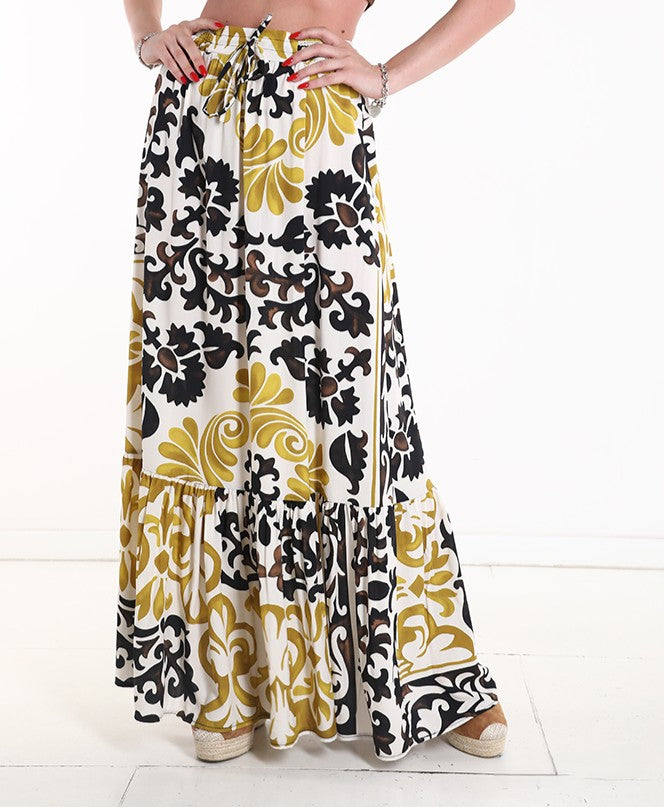Printed maxi skirt with ruffle hem and Mediterranean-inspired pattern