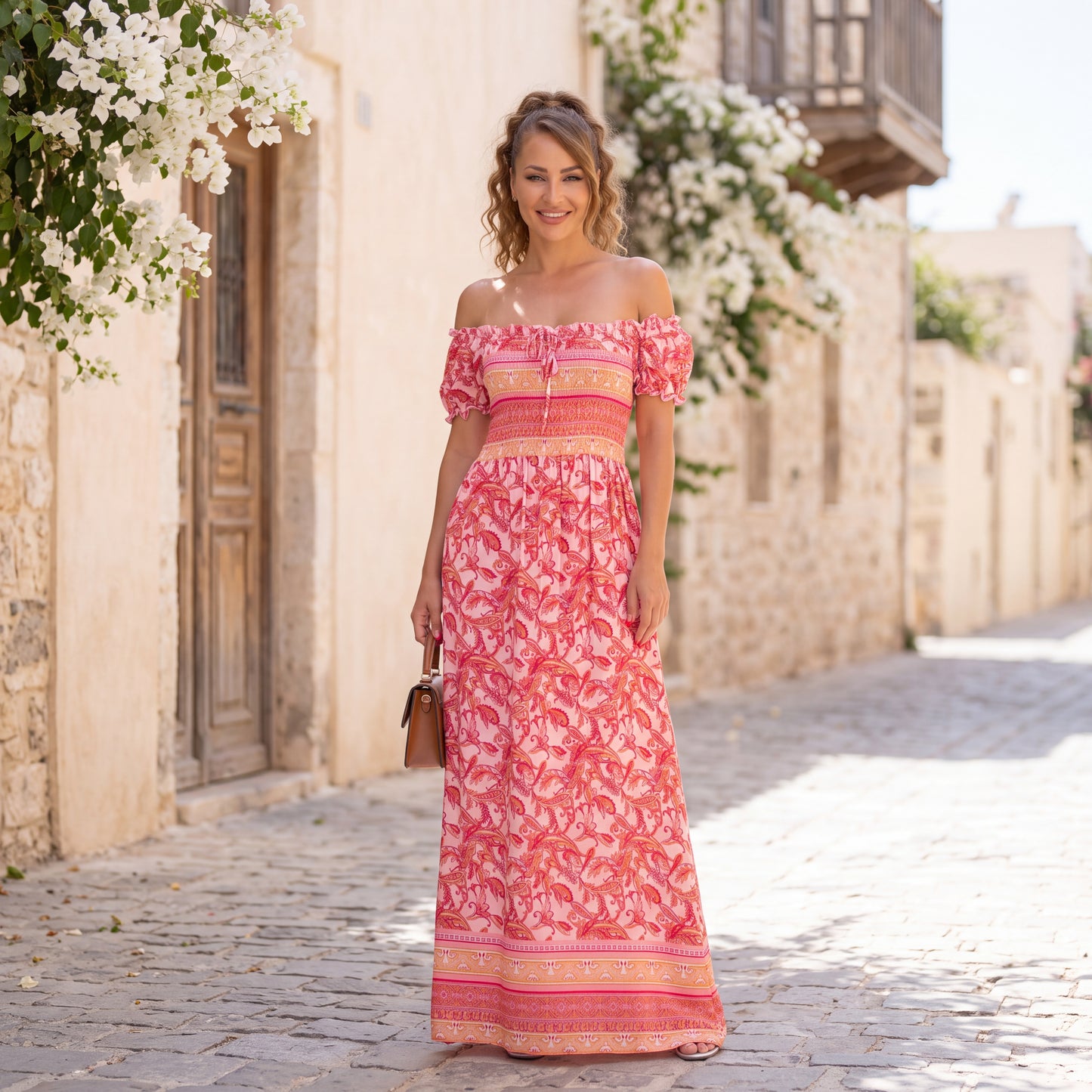 Printed off shoulder maxi dress in Coral – summer look