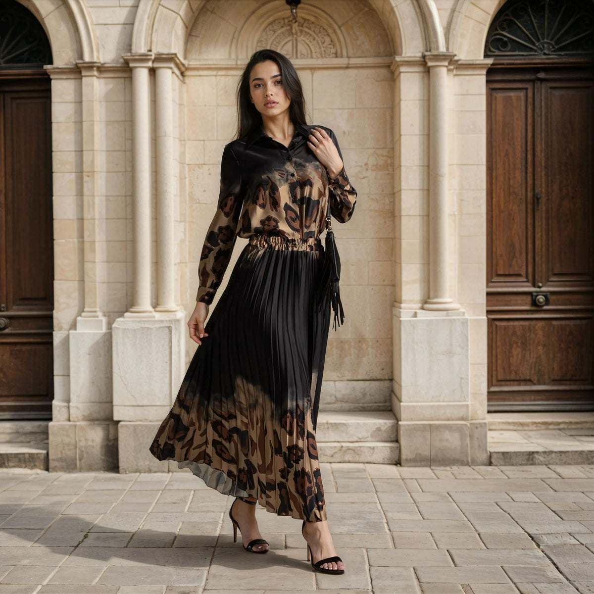 marigiou printed satin blouse pleated maxi skirt black full look