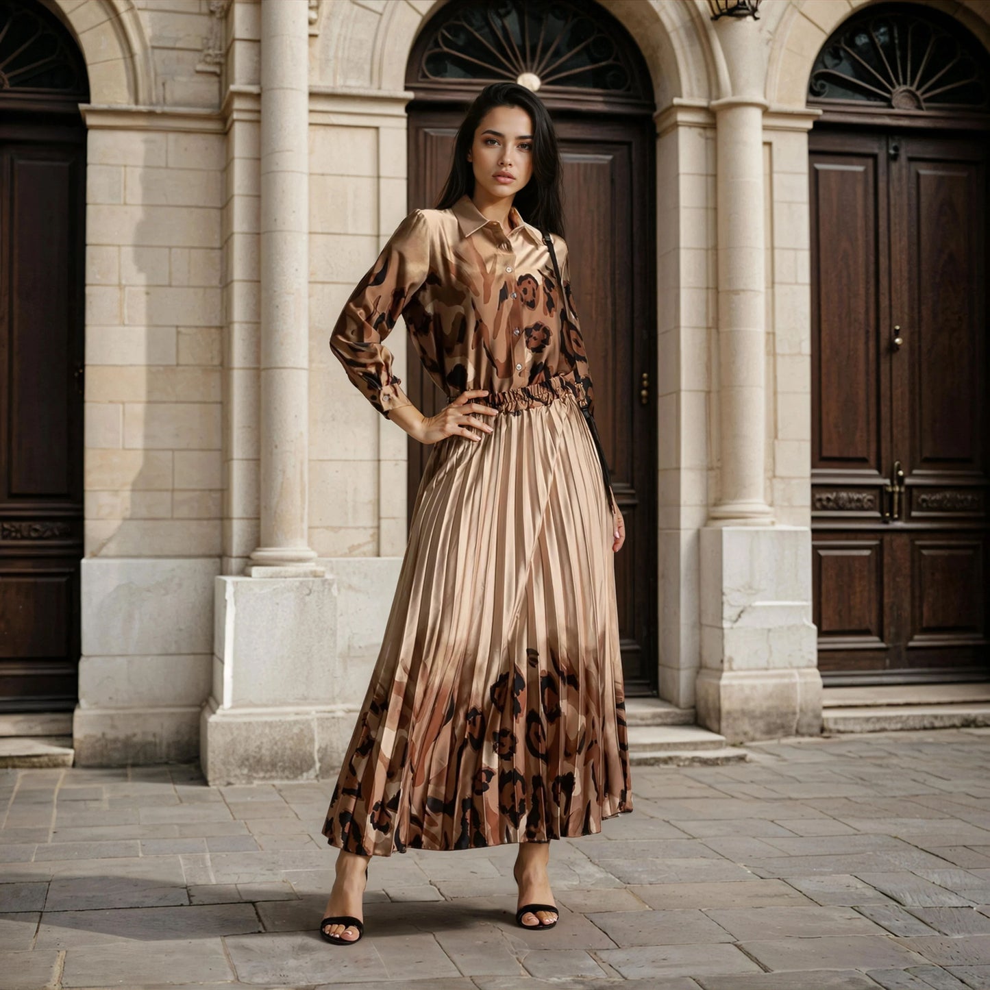 marigiou printed satin blouse pleated skirt beige full look