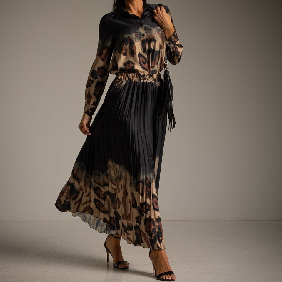 marigiou printed satin set black front studio view