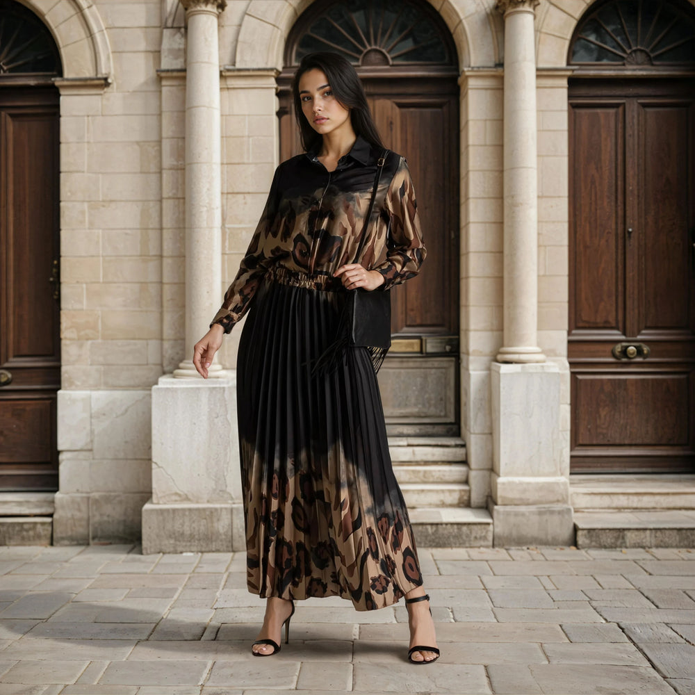 marigiou printed satin set black full body outfit