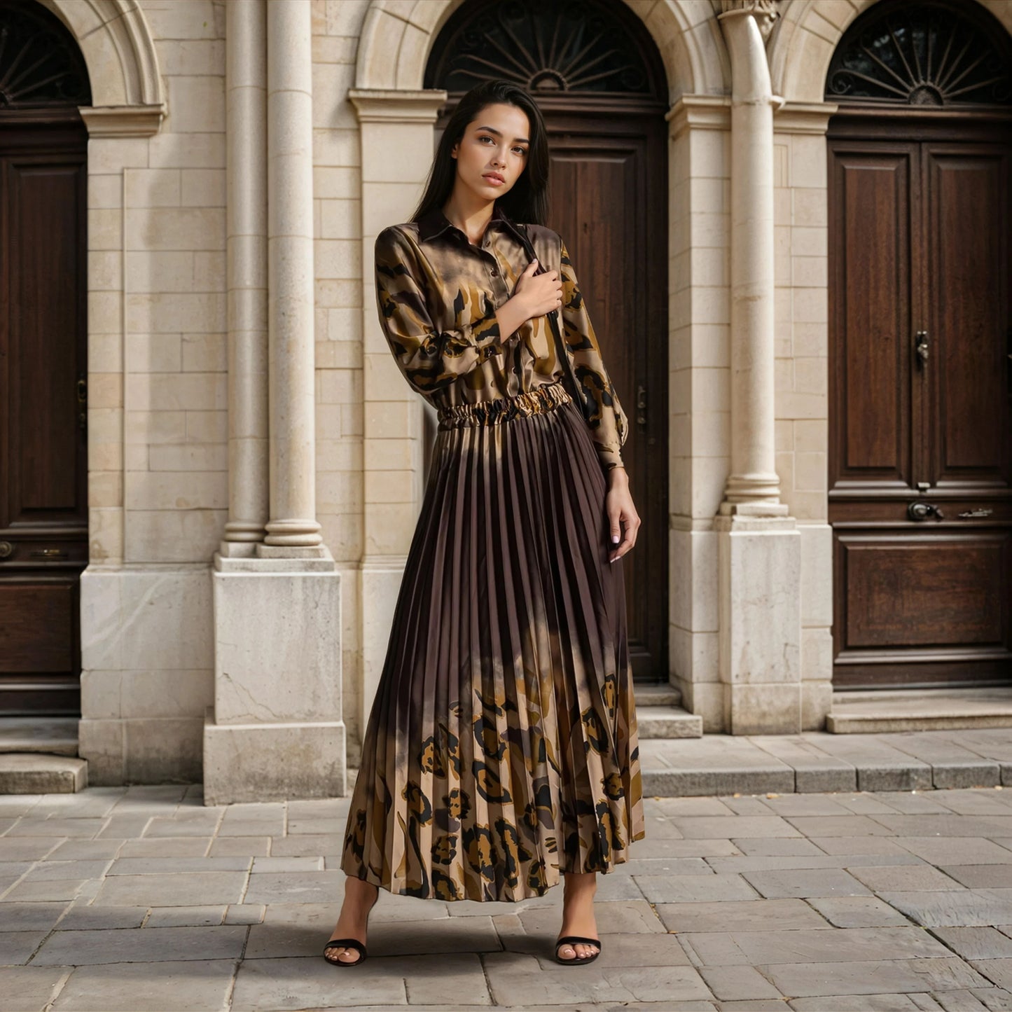 marigiou printed satin set brown full look