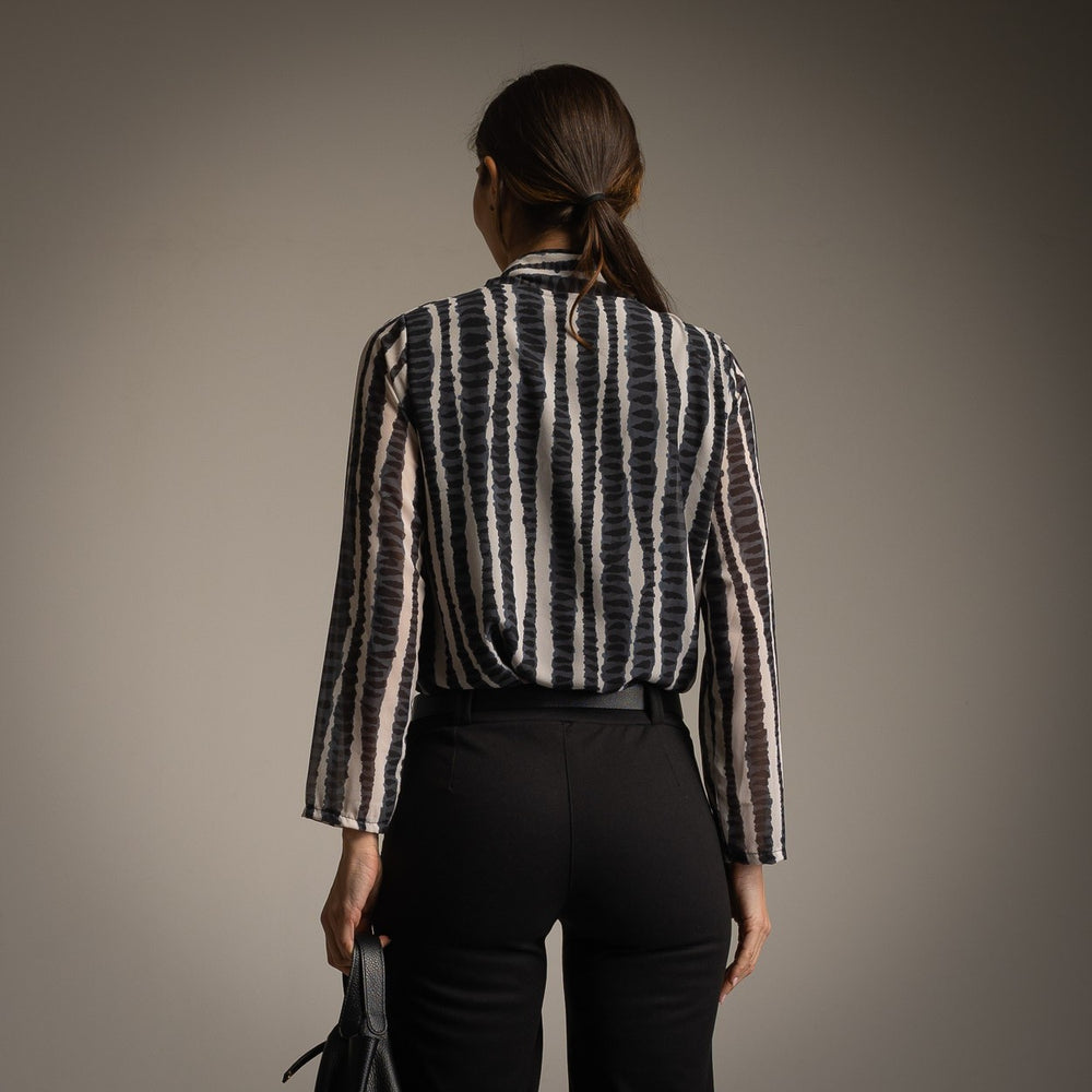 Black vertical print tie-neck blouse back view made in Italy