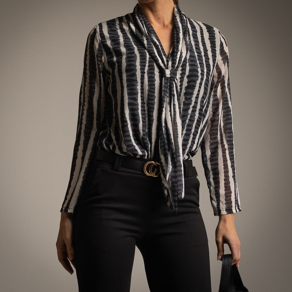 Black printed tie-neck blouse elegant one size shirt by MARIΓIOÚ