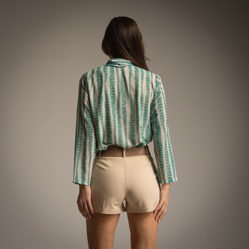 Mint printed tie-neck blouse back view one size lightweight fabric